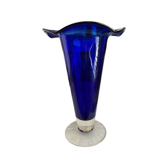 Cobalt Blue Art Glass Trumpet Vase Clear Base 9” Tall - Picture 8 of 8